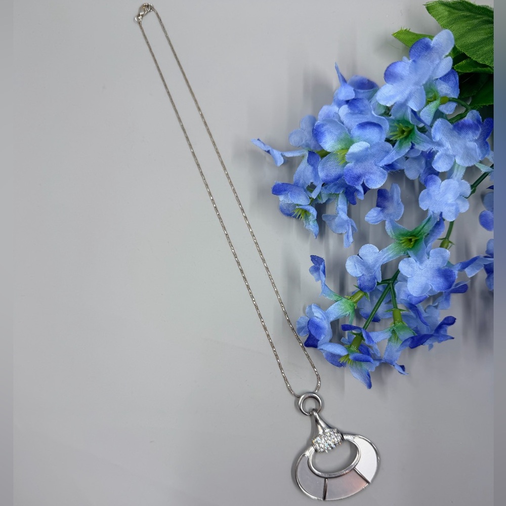 Vintage Silver and Mother of Pearl Pendant Necklace with Crystal Accents